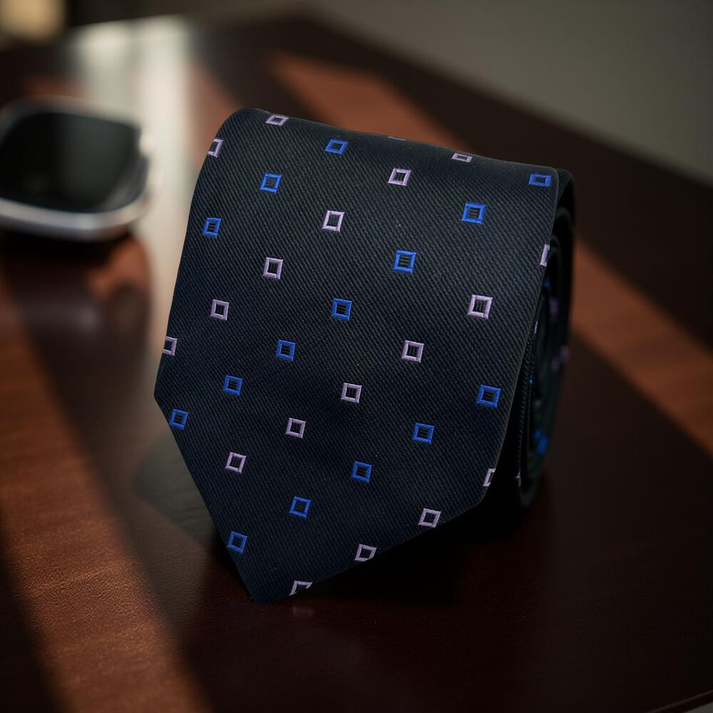 Ermenegildo Zegna Tie Silk Navy Geometric Blue‎ Purple Square 59.5" x 4"
